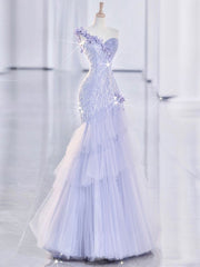 Vintage Mermaid One Shoulder Lilac Tulle Satin Long Prom Dresses Party Dress SD1366