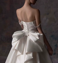 Unique Mermaid White Satin Strapless Pleats Long Satin Wedding Dress SD2001