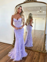 Elegant Mermaid Sleeveless Lace Lilac Evening Prom Dresses Long Prom Dresses SD1420