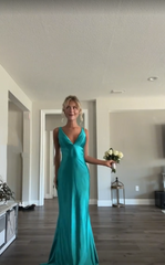 Classy A line V Neckline Blue Satin Sleeveless Long Prom Dresses SD1444