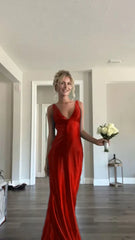 Classy A line V Neckline Blue Satin Sleeveless Long Prom Dresses SD1444