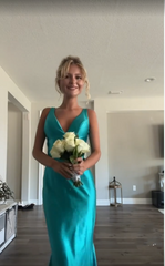 Classy A line V Neckline Blue Satin Sleeveless Long Prom Dresses SD1444