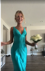 Classy A line V Neckline Blue Satin Sleeveless Long Prom Dresses SD1444