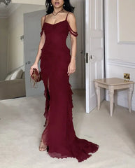 Pretty Mermaid Off The Shoulder Burgundy Slit Long Prom Dresses Formal Evening Dress SD1501