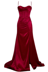 Classy Sheath Spaghetti Straps Red Satin Sleeveless Long Backless Prom Dresses SD1447