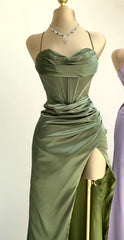 Sexy Mermaid Spaghetti Straps Olive Green Long Evening Dress Backless Prom Dresses SD1505