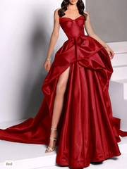 Sexy Ball Gown Strapless Burgundy Long Slit Party Dress Prom Dresses SD1513