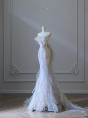 Modest Mermaid Strapless Tulle Flowers Evening Dress Long Prom Dresses SD1652