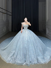 Fairytale Ball Gown Strapless Neckline Sequin Light Sky Blue Long Wedding Dresses Brides Dress SD1656
