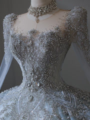 Princess Ball Gown Scoop Neckline Long Sleeves Sequin Light Sky Blue Long Wedding Dresses Brides Dress SD1657