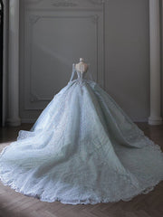 Princess Ball Gown Scoop Neckline Long Sleeves Sequin Light Sky Blue Long Wedding Dresses Brides Dress SD1657