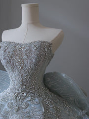 Princess Ball Gown Strapless Neckline Long Sequin Light Sky Blue Long Wedding Dresses Brides Dress SD1658