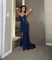 Pretty Sheath Spaghetti Straps Royal Blue Slit Long Evening Dress Prom Dresses SD1725