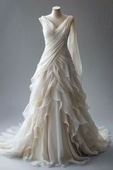 Princess Ball Gown V Neckline Pleats White Chiffon Wedding Dresses SD1741