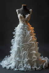 Retro Ball Gown Straps Neckline Organza White Long Ruffles Wedding Dresses SD1757