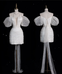 Aesthetic Sheath Off The Shoulder White Sequin Short Wedding Dresses Brides Dresses SD1845