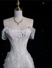 Sexy Mermaid Off The Shoulder White Lace Sequin Long Wedding Dresses Brides Dress SD1867