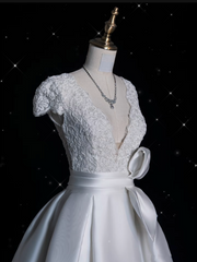 Aesthetic Ball Gown V Neckline Satin White Long Wedding Dresses Brides Dress SD1869