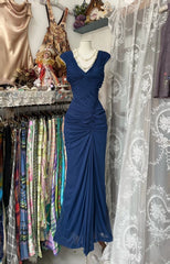 Vintage Fashion Mermaid V Neckline Navy Blue Floor Length Evening Dress Prom Dresses SD1881