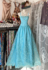 Vintage Fashion A line Spaghetti Straps Light Blue Floor Length Evening Dress Prom Dresses SD1901