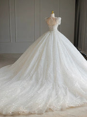 Pretty Ball Gown Square Neckline Short Sleeves Sequin White Wedding Dresses Brides Dress SD1949