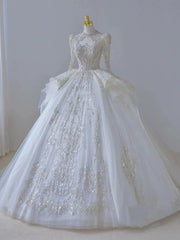 Timeless Ball Gown Scoop Long Sleeves Lace White Wedding Dresses Brides Dress SD1961