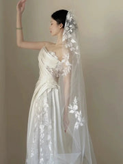 Timeless A line One Shoulder Lace Satin White Wedding Dresses Brides Dress SD1976