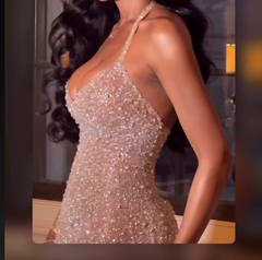 Pretty Mermaid Halter Neckline Long Sequin Champagne Party Dresses Prom Dress SD2036