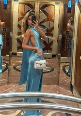 Gorgeous Mermaid Halter Satin Long Party Dresses Blue Backless Prom Dress SD2044