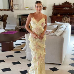 Gorgeous Mermaid Spaghetti Straps Floor Length Floral Yellow Chiffon Evening Dress Prom Dresses SD2045