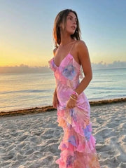 Gorgeous Mermaid Spaghetti Straps Floor Length Floral Yellow Chiffon Evening Dress Prom Dresses SD2045