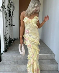 Gorgeous Mermaid Spaghetti Straps Floor Length Floral Yellow Chiffon Evening Dress Prom Dresses SD2045