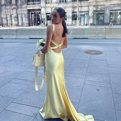 Gorgeous Mermaid Spaghetti Straps Floor Length Yellow Evening Dress Backless Prom Dresses SD2047