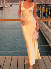 Elegant Sheath Straps Floor-length Satin Long Yellow Evening Dress Prom Dresses SD2049