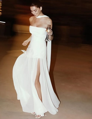 Classy A line Strapless White Chiffon Long Evening Dress Prom Dresses SD2072