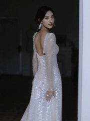 Unique A Line Square Neckline Sequin Pleats Long Sleeves Wedding Dresses SD2082