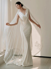 Unique Mermaid V Neckline Lace Pleats White Satin Ruffles Wedding Dresses SD2092