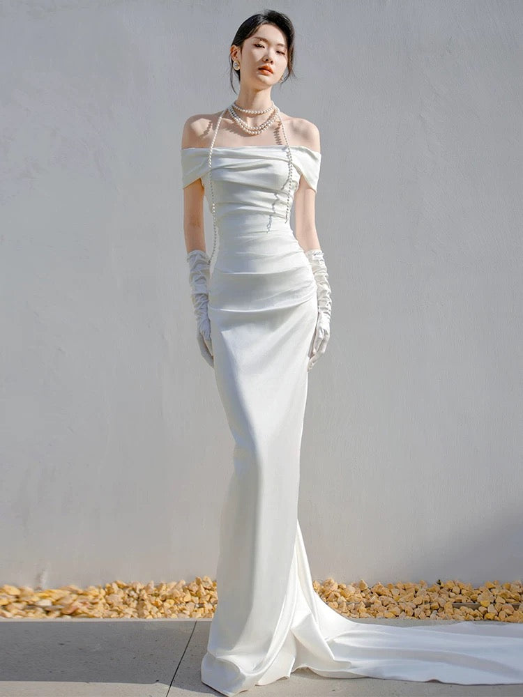 Unique Mermaid Off The Shoulder Pleats Satin Wedding Dresses Brides Dress SD2093