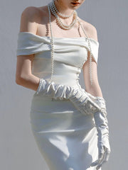 Unique Mermaid Off The Shoulder Pleats Satin Wedding Dresses Brides Dress SD2093