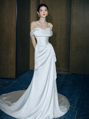 Unique Mermaid Off The Shoulder Pleats Satin Wedding Dresses Brides Dress SD2095