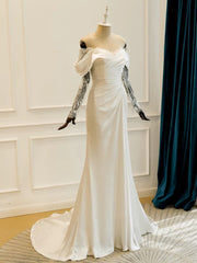 Unique Mermaid Off The Shoulder Pleats Satin Long Sleeves Wedding Dresses Brides Dress SD2096