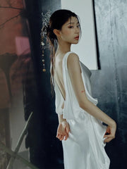 Timeless A line Straps White Satin Long Wedding Dresses Bridal Dress SD2143