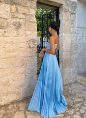 Sexy A Line Spaghetti Straps Blue Backless Prom Dresses Long Party Dress SD2272