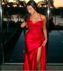 Pretty Mermaid Spaghetti Straps Slit Red Satin Prom Dresses Long Party Dress SD2283