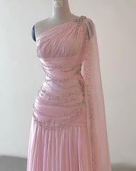 Classy Sheath One Shoulder Pink Long Chiffon Evening Gown Prom Dresses SD2314