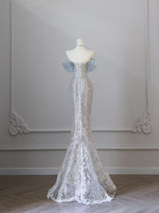 Pretty Mermaid Off The Shoulder Sequin Blue Long Prom Dresses Evening Gowns SD2320