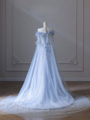 Pretty A Line Off The Shoulder Floor-length Blue Sequin Short Sleeves Evening Dress Prom Dresses SD2325