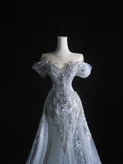 Pretty Mermaid Off The Shoulder Silver Beads Long Prom Dresses Formal Evening Dress SD2333