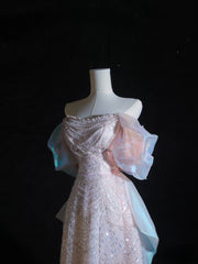 Pretty A line Off The Shoulder Pink Sequin Long Prom Dresses Evening Gowns SD2335