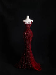 Pretty Mermaid Spaghetti Straps Sequin Beads Burgundy Long Prom Dresses Formal Evening Dress SD2337